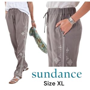 Sundance Wide Leg High Waist Drawstring Embroidered Pants Brown Size XL
